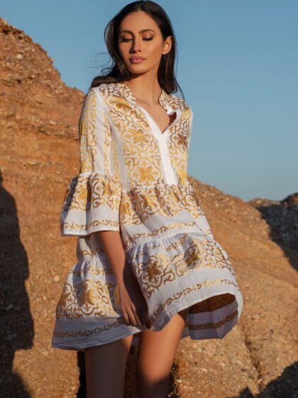 Φόρεμα Mini με Χρυσό Υφαντό Βαμβακερό Resort Collection-