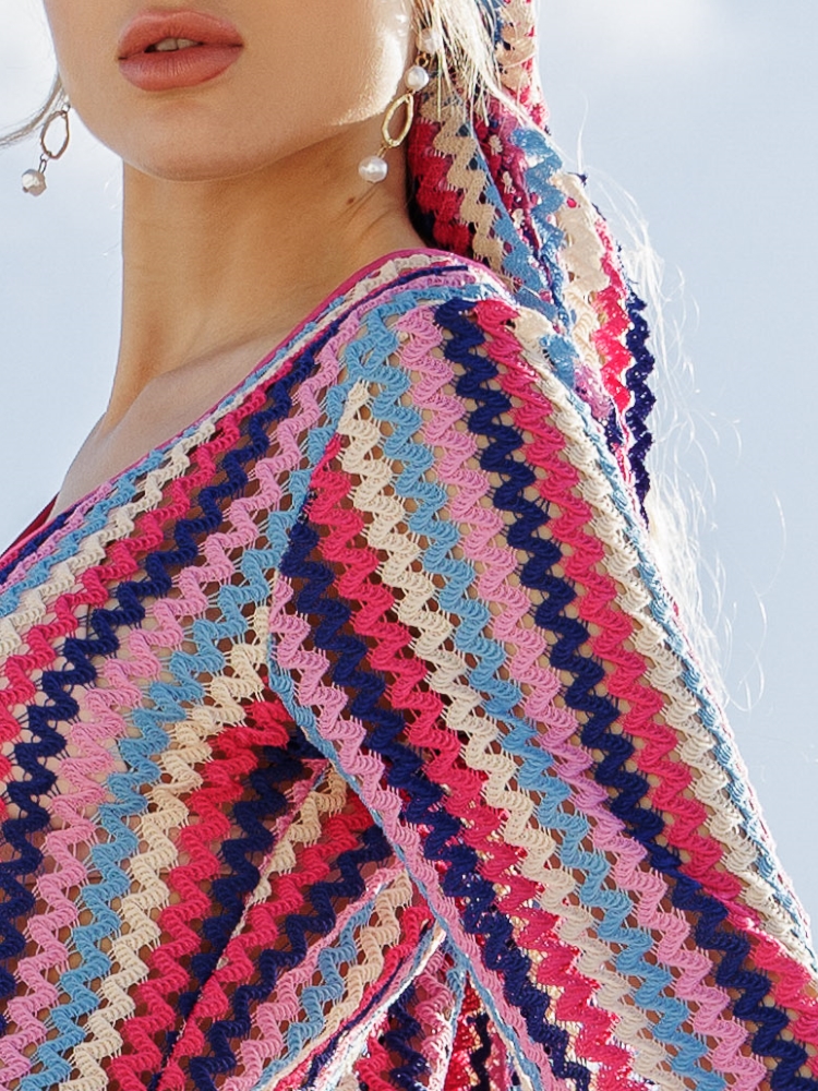 Φόρεμα Maxi Crochet Μακρυμάνικο με Κορδόνι